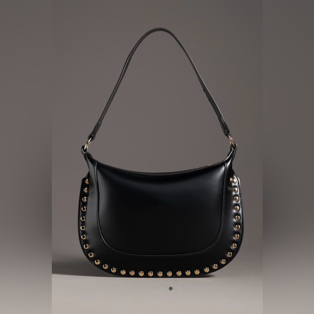 Black and Gold Crescent Shoulder Bag with Studded Accents